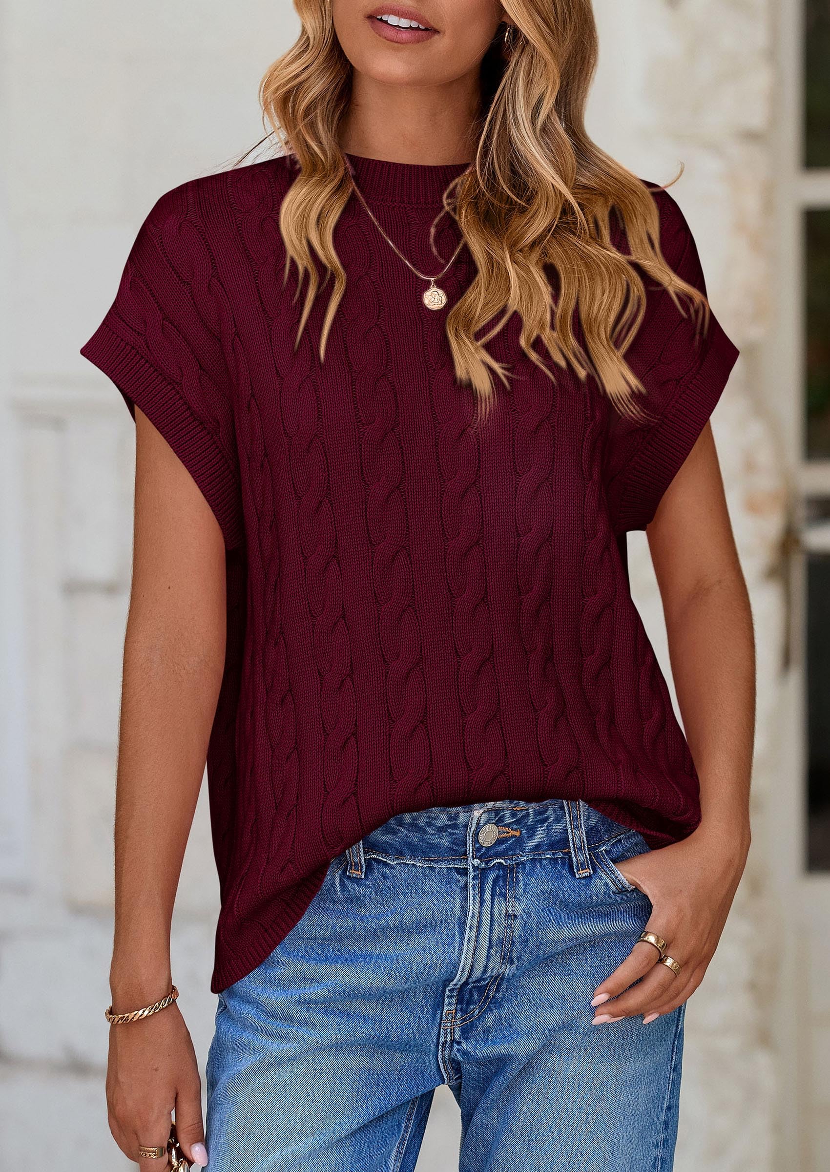 PRETTYGARDEN Women's Sweater Vest Summer Short Sleeve Tops Casual Crewneck Knit Oversized Pullover Trendy Spring Outfits