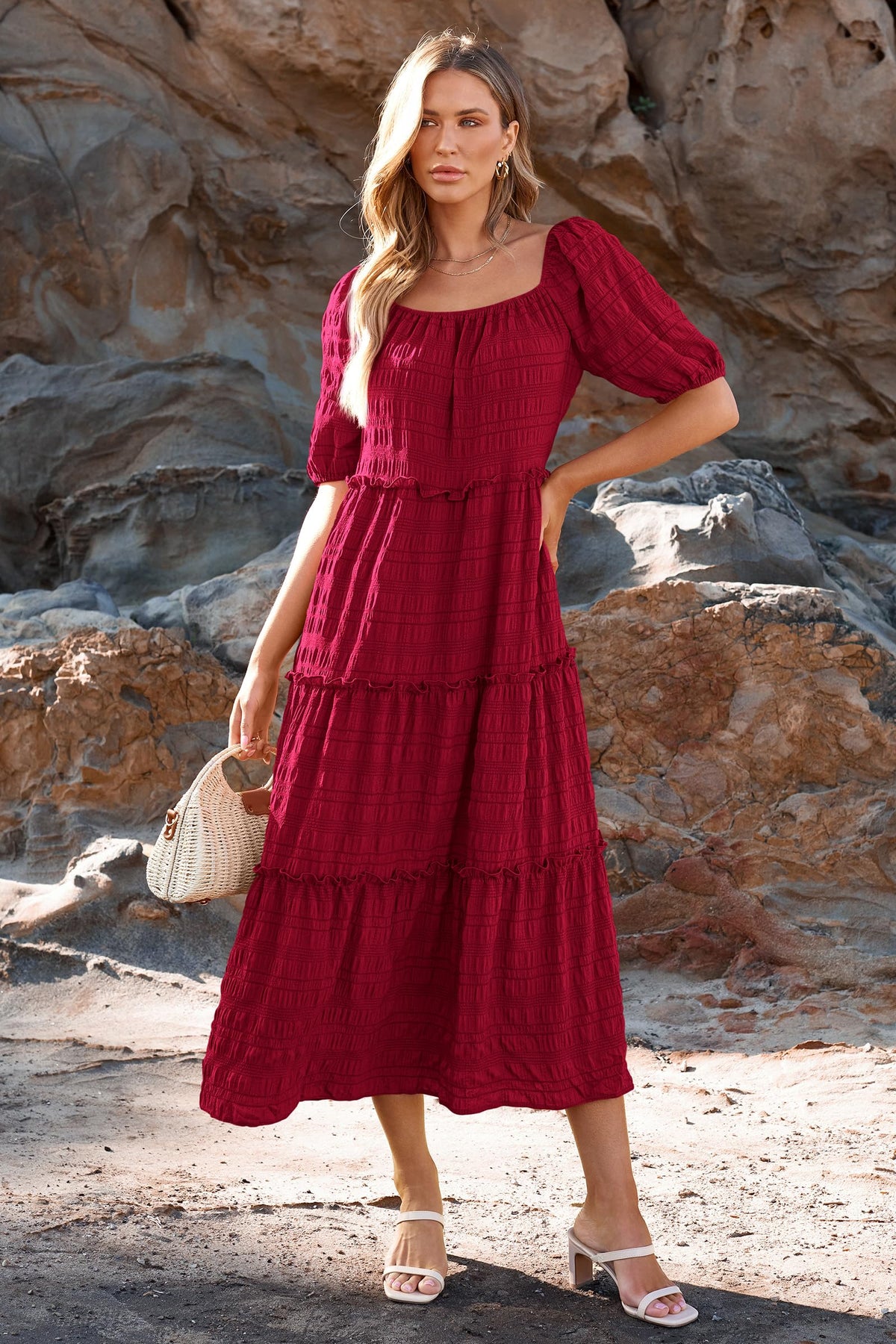 Casual Maxi Dresses Summer Short Sleeve Off The Shoulder Ruffle Tiered Flowy Boho Party Beach Long Dress