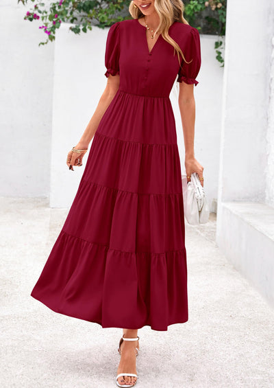 PRETTYGARDEN Women's Casual Short Sleeve V Neck Midi Dresses Spring A-line Tiered Wedding Guest Dress