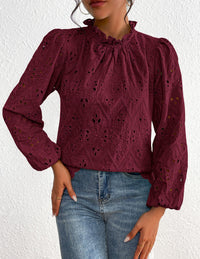 Womens Blouses Dressy Casual Embroidered Long Puff Sleeve Shirts Ruffle Eyelet Lace Top Fall Clothes