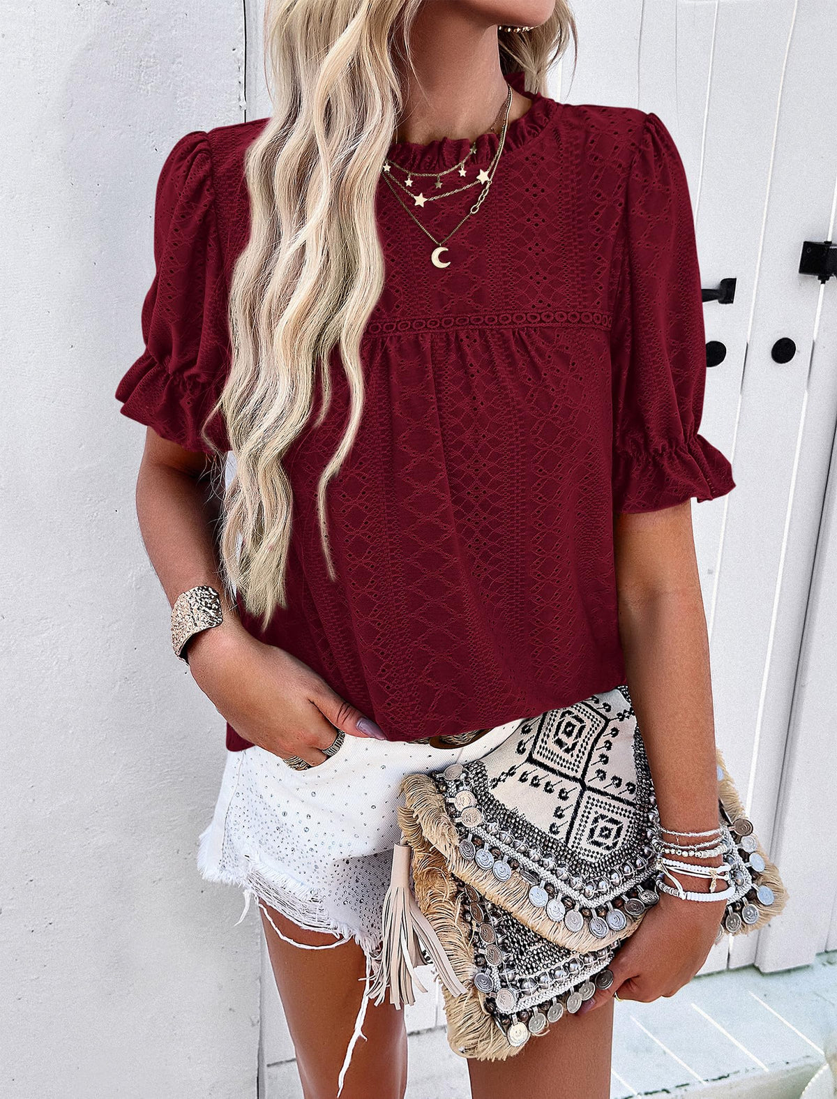 Casual Crew Neck Ruffle Short Sleeve Eyelet Babydoll Blouse