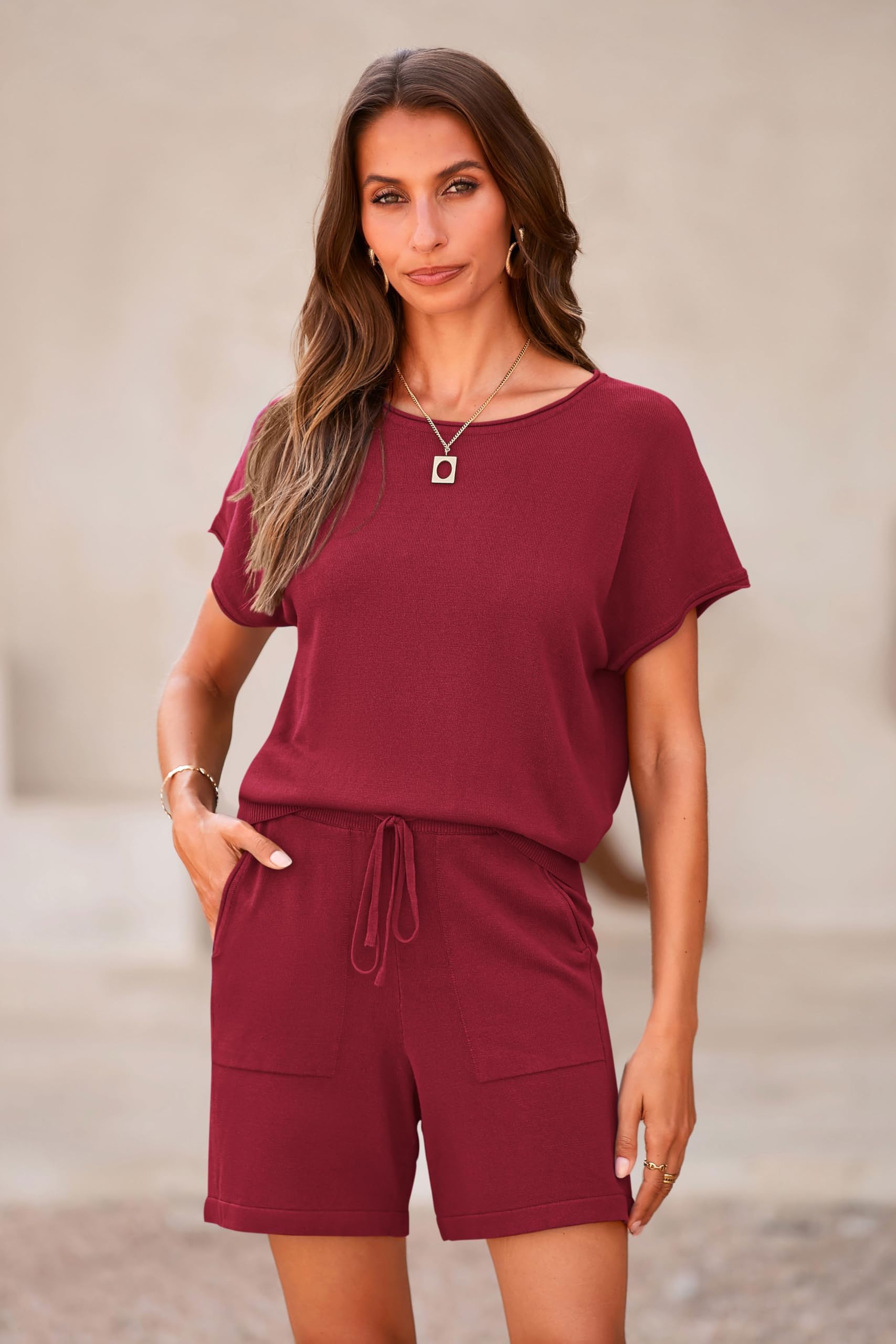 PRETTYGARDEN Two Piece Set for Women Summer Lounge Sets Shorts And Short Sleeve Tops Knitted Matching Travel Spring Outfits PRETTYGARDEN