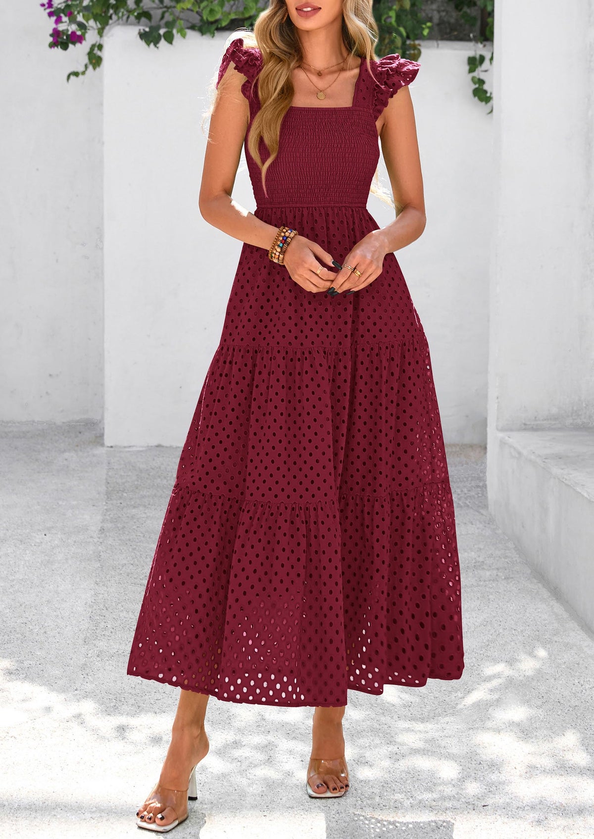 Womens Summer Square Neck Maxi Dresses Cap Sleeve Eyelet Smocked Tiered A Line Flowy Long Dress with Pockets