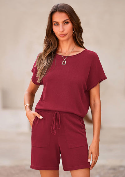 PRETTYGARDEN Two Piece Set for Women Summer Lounge Sets Shorts And Short Sleeve Tops Knitted Matching Travel Spring Outfits PRETTYGARDEN