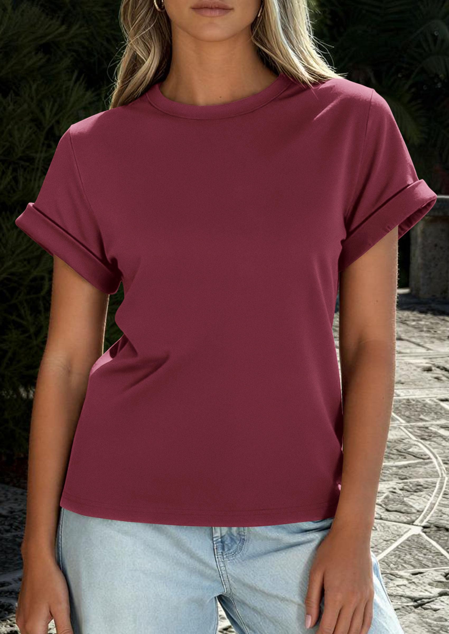 PRETTYGARDEN Womens Summer Tops Spring Casual Rolled Short Sleeve Basic Tees Crew Neck Work Shirts Fashion Clothing PRETTYGARDEN