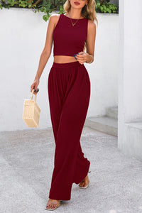 Womens Summer 2 Piece Sets Ribbed Knit Crew Neck Sleeveless Crop Tank Tops Wide Leg Pants Casual Lounge Set