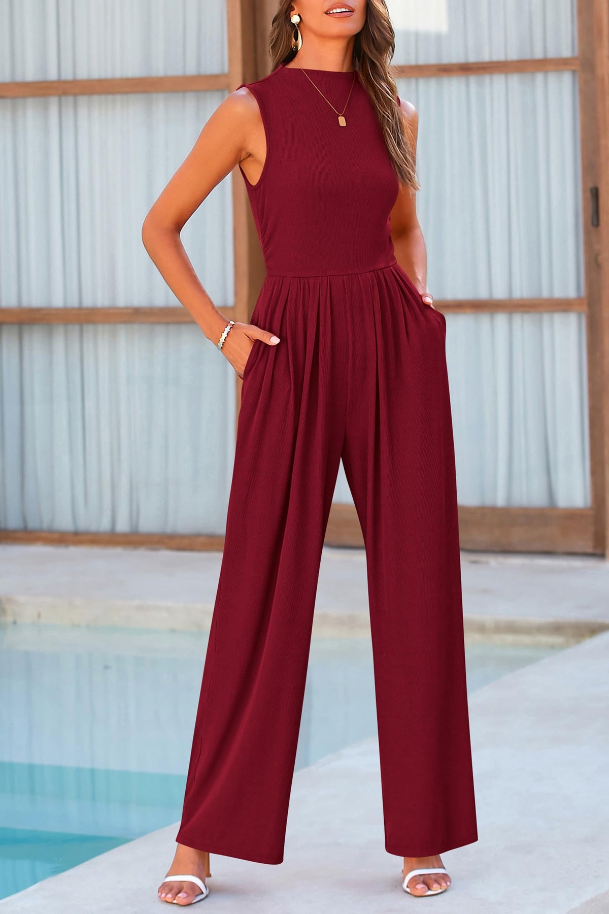 Summer One Piece Sleeveless Mock Neck Wide Leg Pants Rompers With Pockets