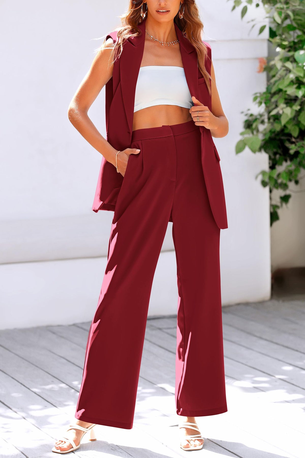 Sleeveless Suit Vest And Wide Leg Pants Business Casual Blazer Set