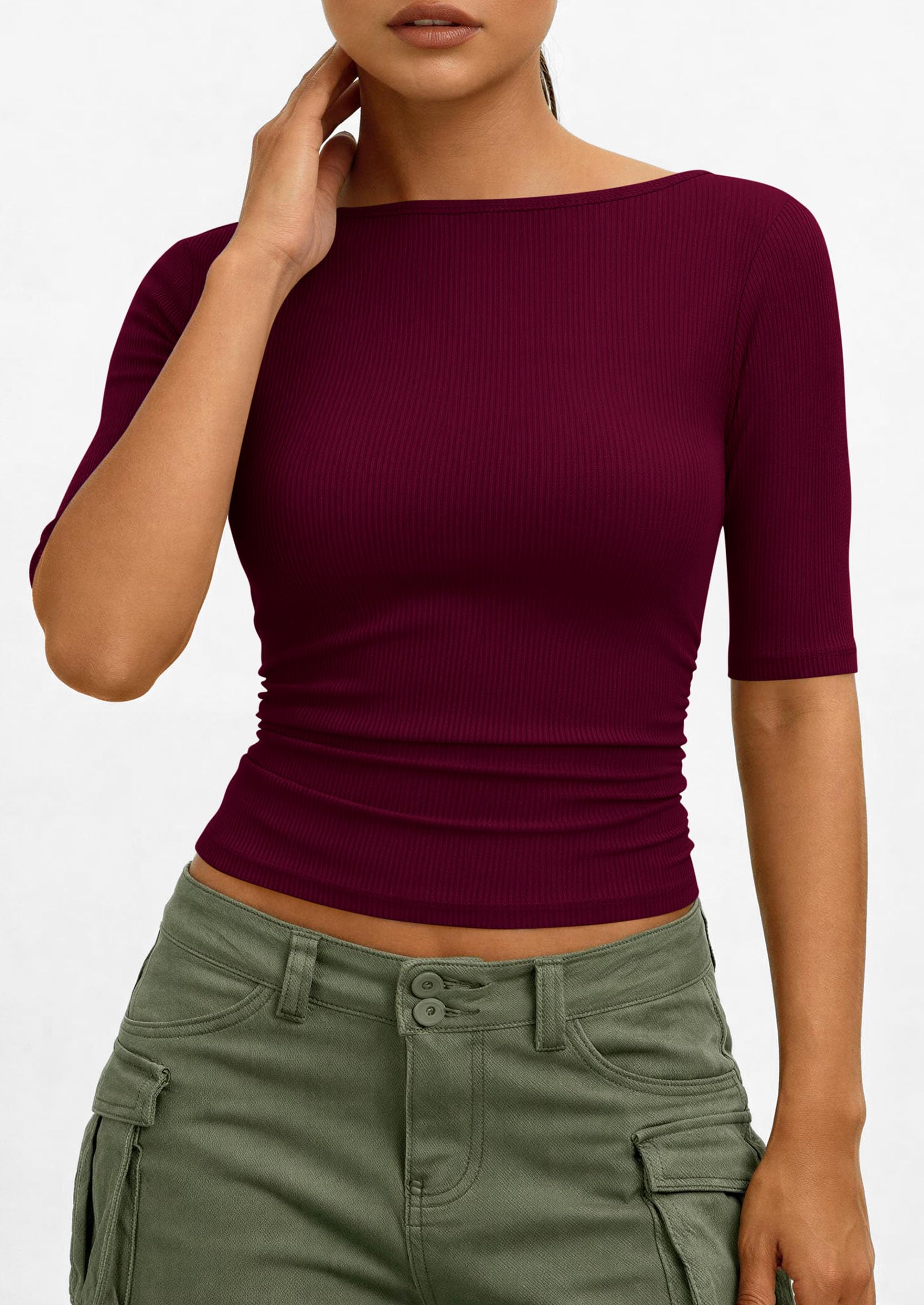 PRETTYGARDEN Womens Summer Short Sleeve Tops Boat Neck Ribbed Knit Slim Fit T Shirt Casual Basic Top Spring Clothes PRETTYGARDEN