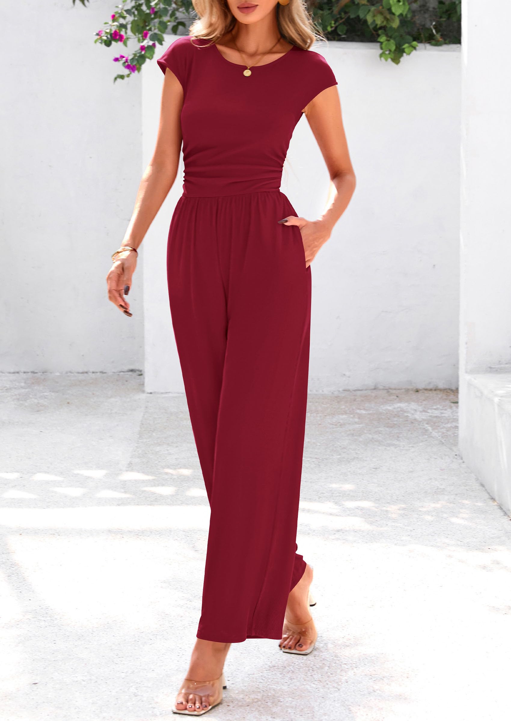 PRETTYGARDEN Summer Jumpsuits Ribbed Cap Sleeve Wide Leg Pants Women's Rompers Elegant Casual Trendy Vacation Outfits