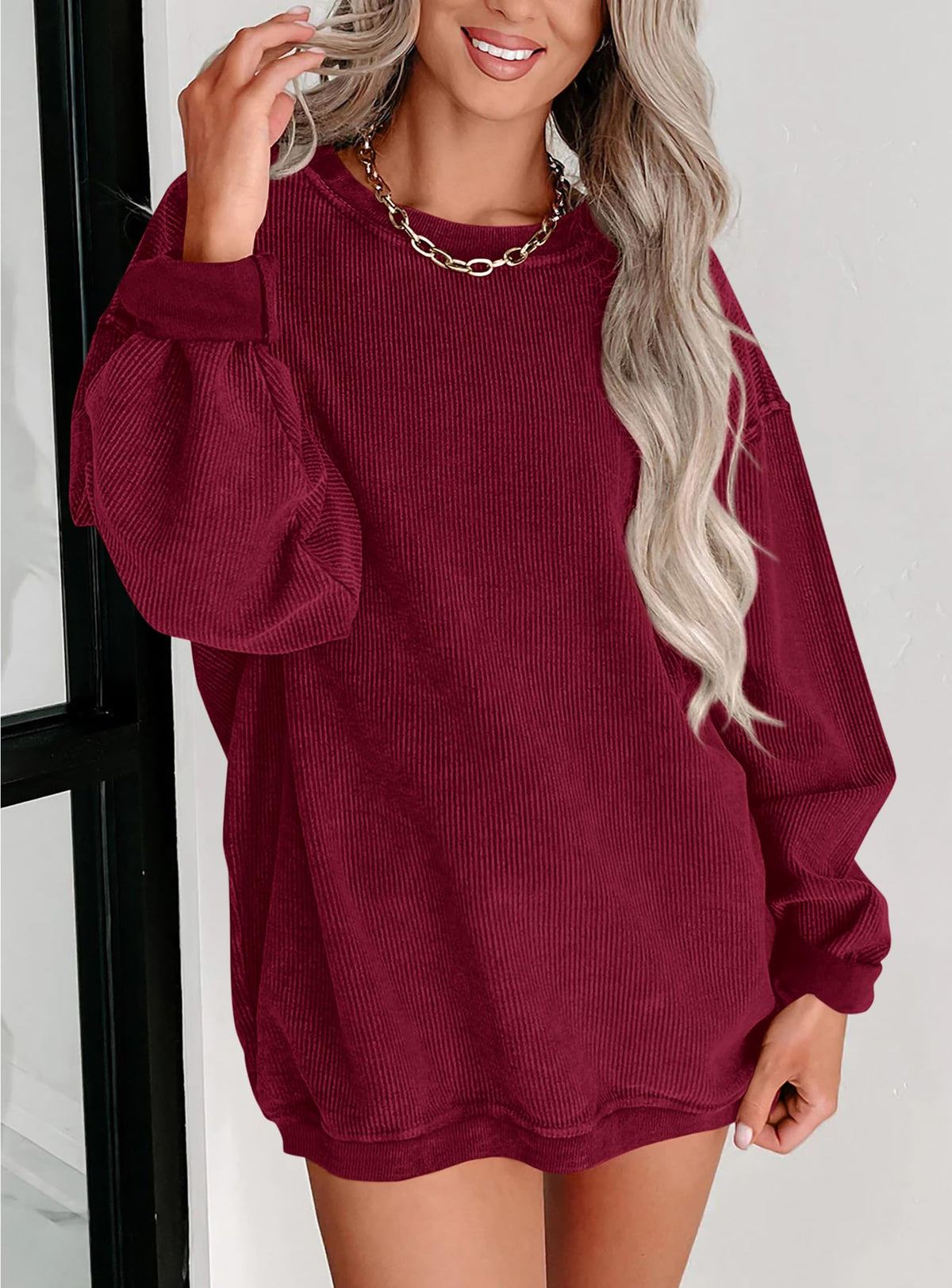 Women's Fall Oversized Sweatshirt Ribbed Corduroy Crewneck Long Sleeve Loose Fit Casual Going Out Pullover Tops