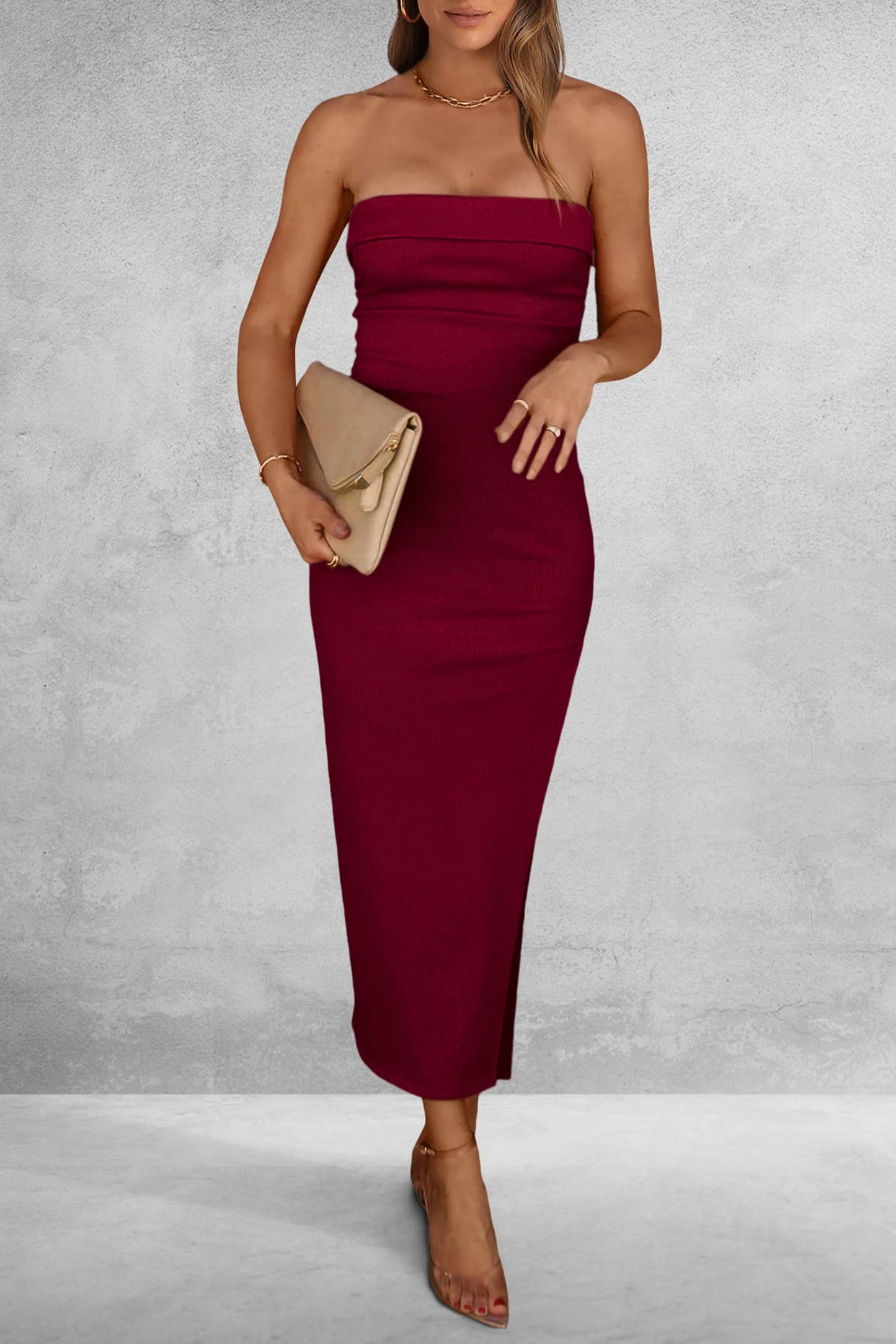 Ribbed Strapless Side Slit Long Going Out Casual Elegant Party Dresses