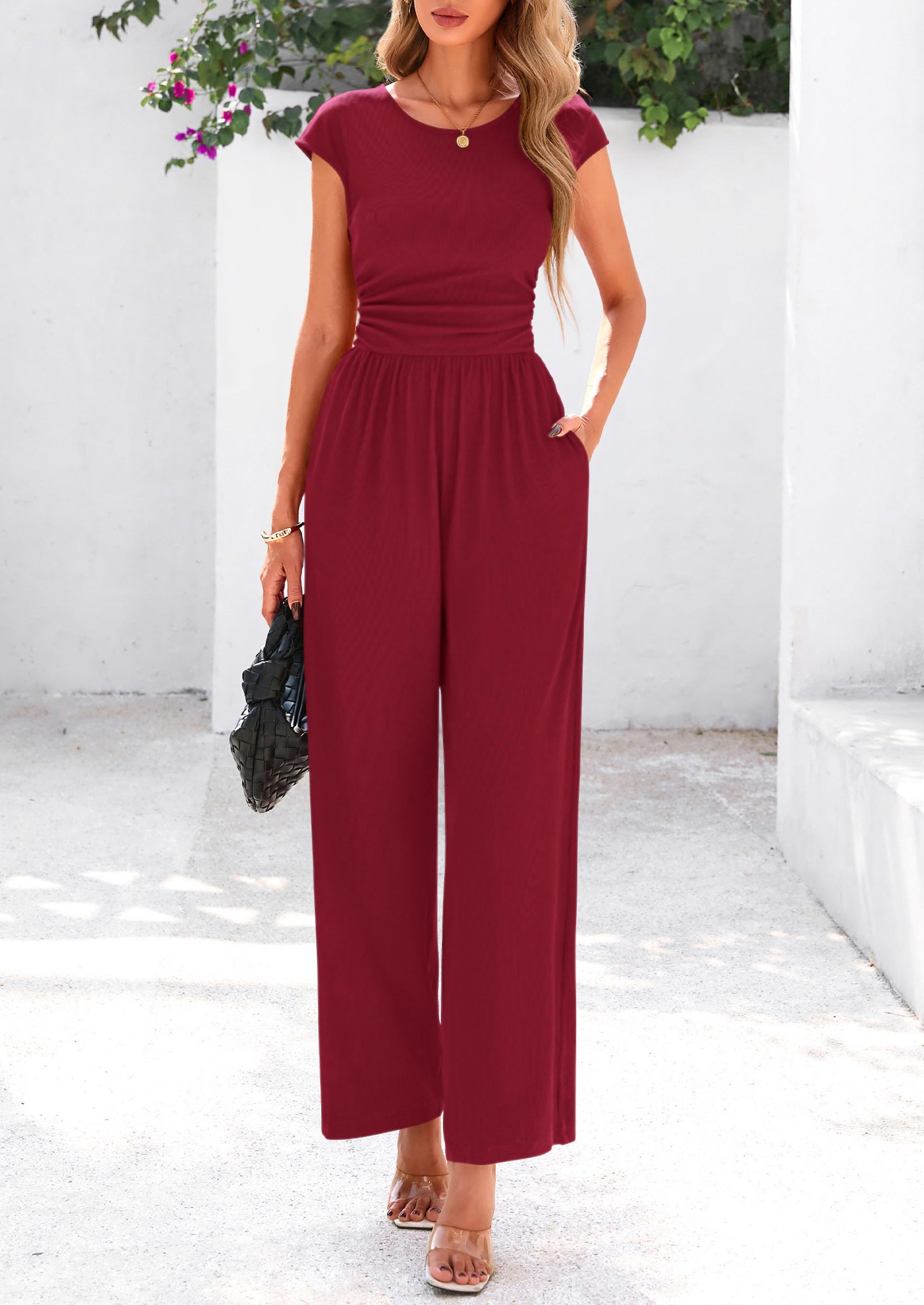 PRETTYGARDEN Summer Jumpsuits Ribbed Cap Sleeve Wide Leg Pants Women's Rompers Elegant Casual Trendy Vacation Outfits