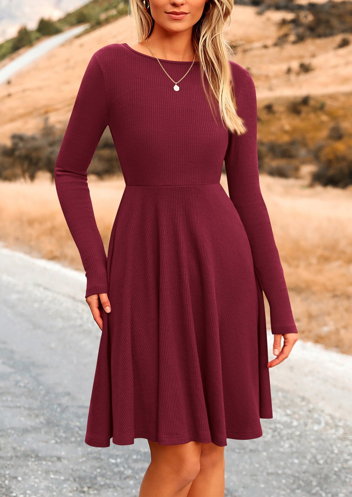 Women's Fall Short Dress Ribbed Knit Crewneck Long Sleeve A Line Flowy Casual Elegant Cute Going Out Dresses