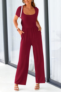 Summer One Piece Jumpsuits Dressy Casual Short Sleeve Square Neck Wide Leg Jumpsuit Rompers