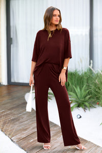 Short Sleeve Pullover Tops And Wide Leg Pants Lounge Set