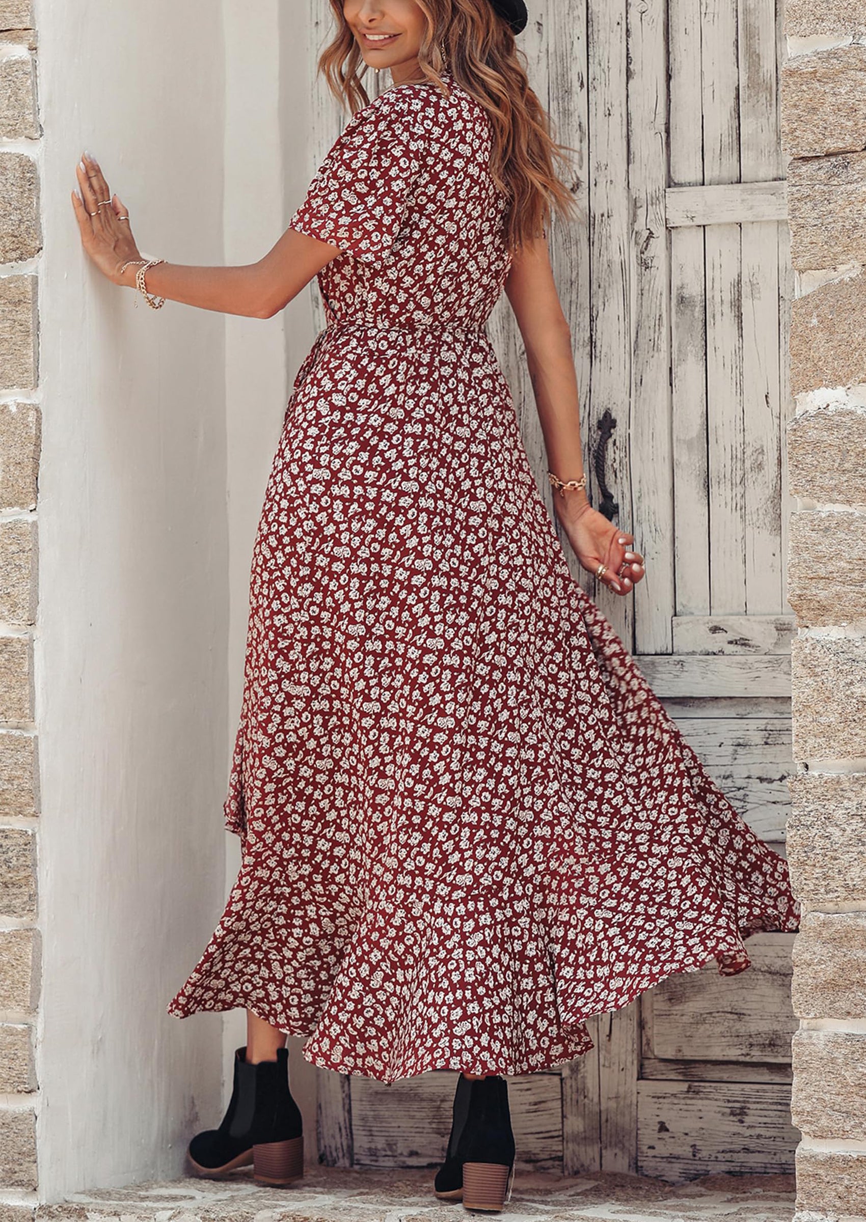 PRETTYGARDEN Women's Summer Maxi Dress Casual Wrap Floral Boho Short Sleeve V Neck Split Ruffle Beach Long Dresses