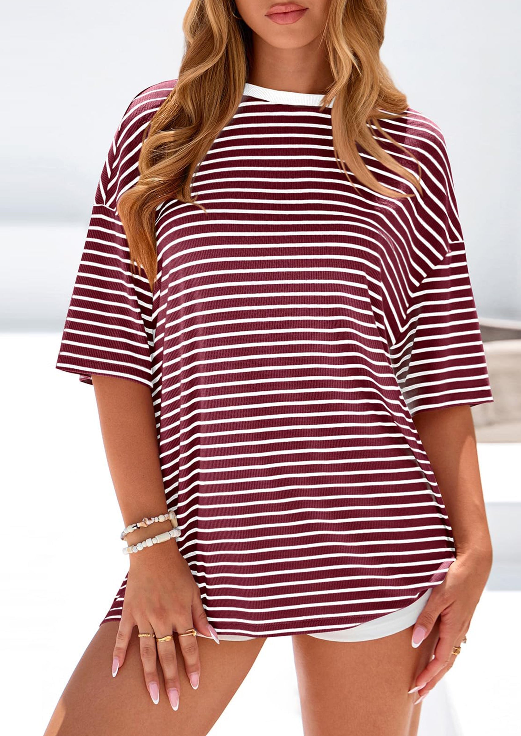 PRETTYGARDEN Womens Oversied Cute Tops Casual Striped Short Sleeve Shirt Women Trendy Spring Fashion Basic Tees Blouse PRETTYGARDEN