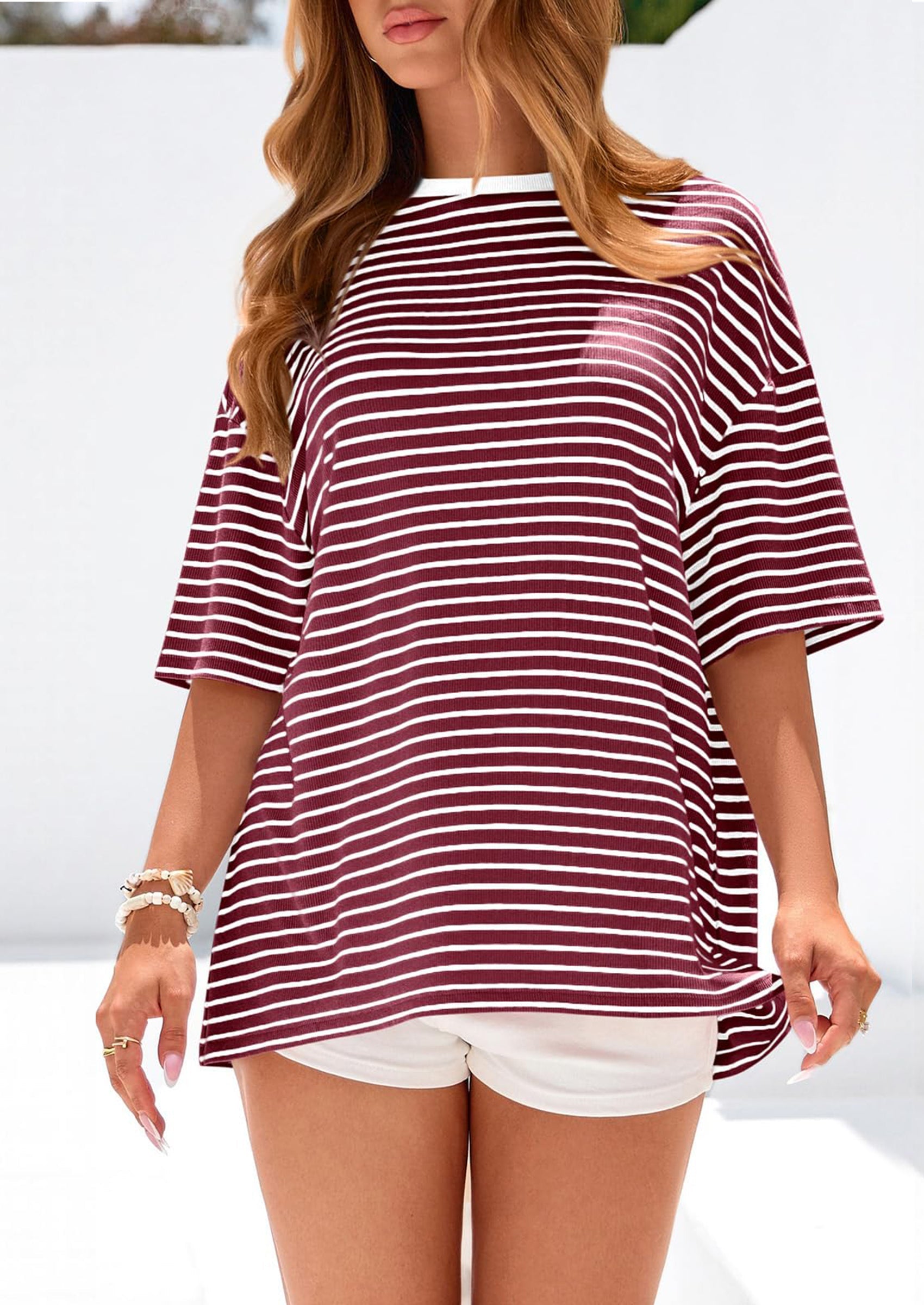 PRETTYGARDEN Womens Oversied Cute Tops Casual Striped Short Sleeve Shirt Women Trendy Spring Fashion Basic Tees Blouse PRETTYGARDEN