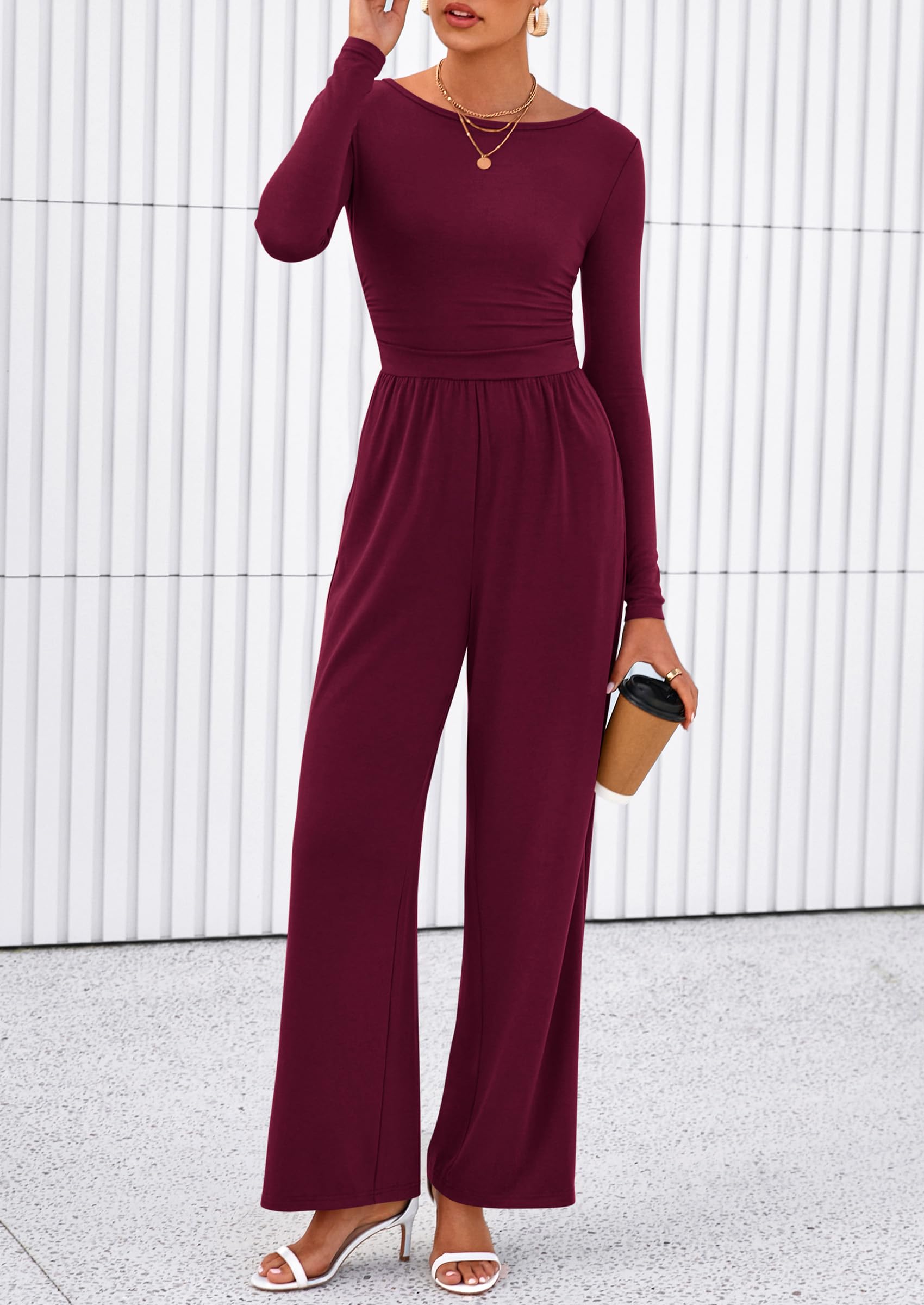 PRETTYGARDEN One Piece Jumpsuits for Women Dressy Casual Long Sleeve Crewneck Wide Leg Romper Overalls Spring Outfits