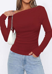 PRETTYGARDEN Off The Shoulder Tops for Women Going Out Long Sleeve Shirts Fall Casual Fitted Ribbed Ruched Y2K Clothes