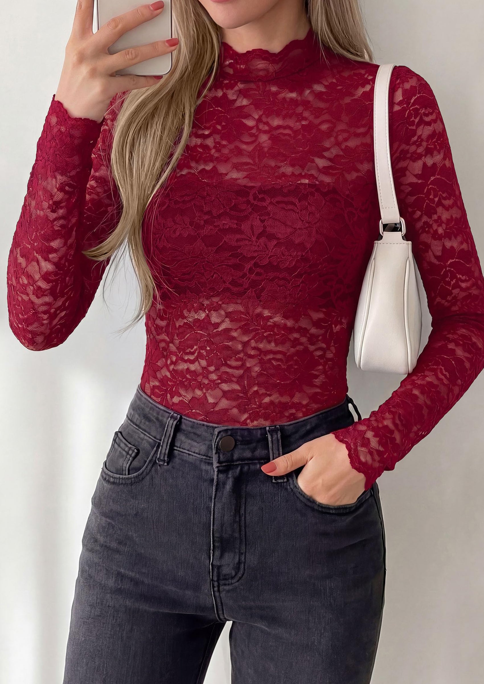 PRETTYGARDEN Womens Lace Long Sleeve Top Mesh Sheer Blouses Mock Neck See Through Slim Fitted Tops Fall Fashion Clothes