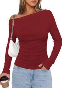 PRETTYGARDEN Off The Shoulder Tops for Women Going Out Long Sleeve Shirts Fall Casual Fitted Ribbed Ruched Y2K Clothes