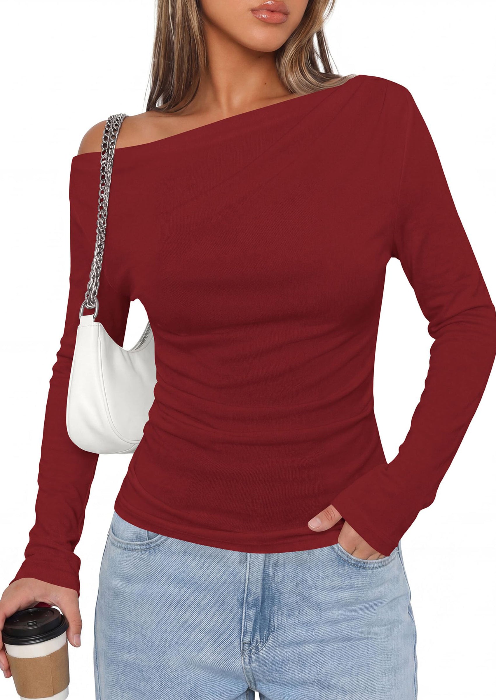PRETTYGARDEN Off The Shoulder Tops for Women Going Out Long Sleeve Shirts Fall Casual Fitted Ribbed Ruched Y2K Clothes