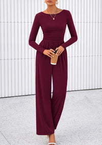 PRETTYGARDEN One Piece Jumpsuits for Women Dressy Casual Long Sleeve Crewneck Wide Leg Romper Overalls Spring Outfits