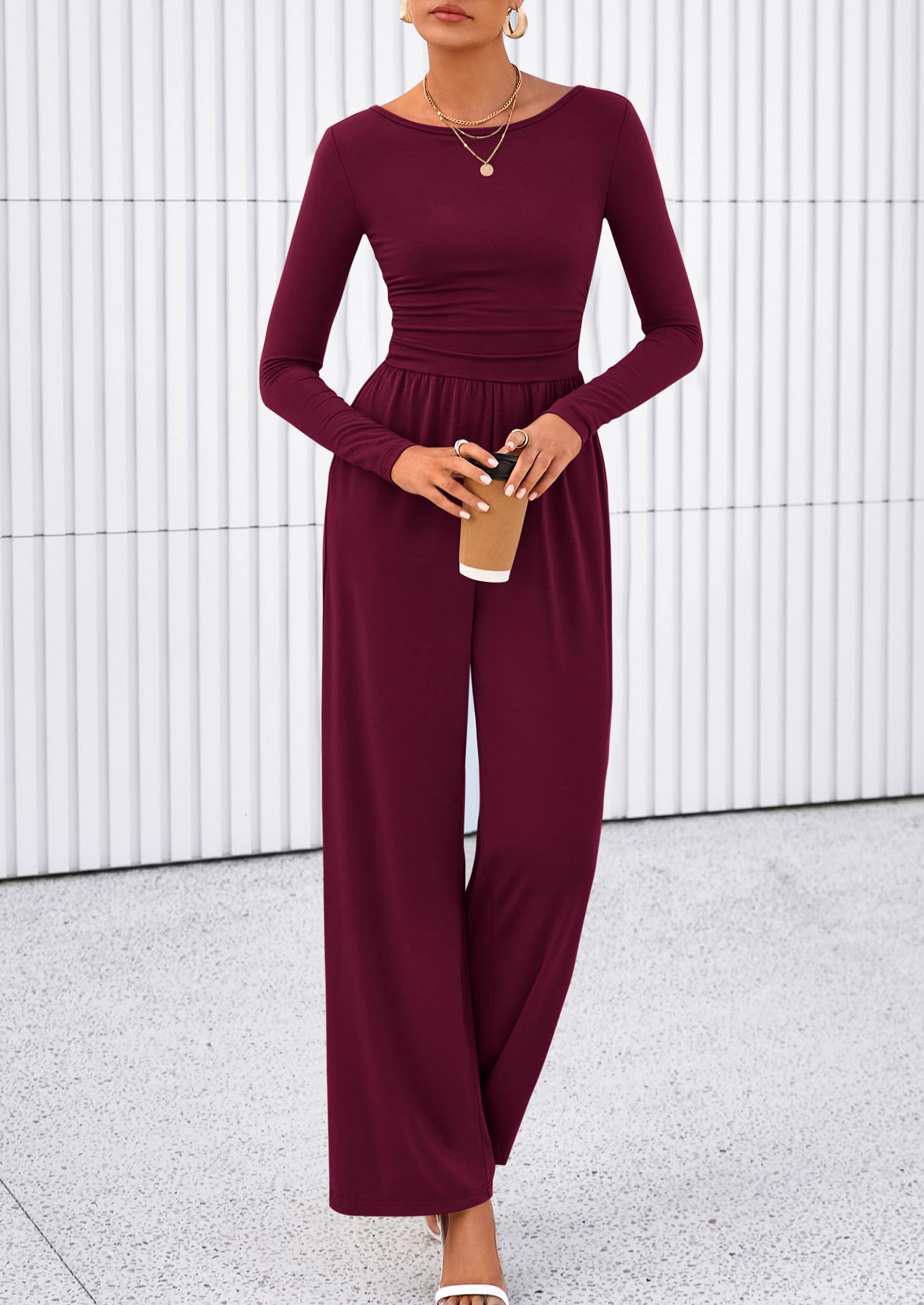 PRETTYGARDEN One Piece Jumpsuits for Women Dressy Casual Long Sleeve Crewneck Wide Leg Romper Overalls Spring Outfits