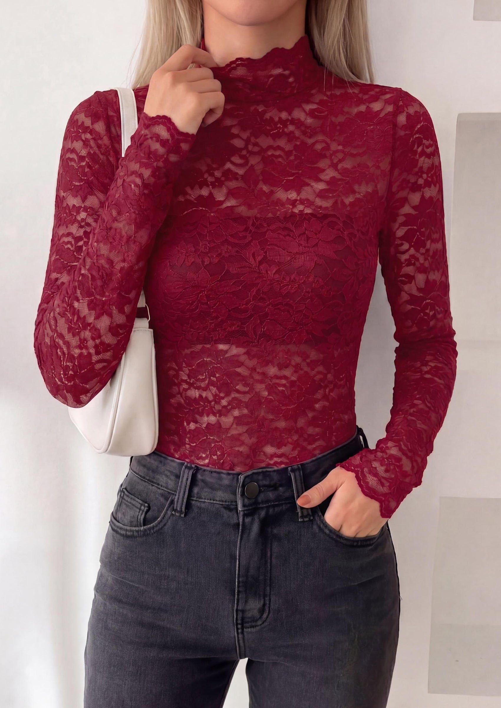 PRETTYGARDEN Womens Lace Long Sleeve Top Mesh Sheer Blouses Mock Neck See Through Slim Fitted Tops Fall Fashion Clothes