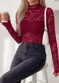 PRETTYGARDEN Womens Lace Long Sleeve Top Mesh Sheer Blouses Mock Neck See Through Slim Fitted Tops Fall Fashion Clothes
