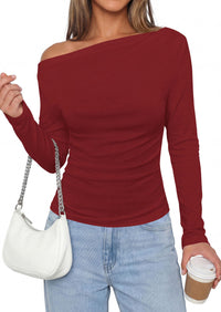 PRETTYGARDEN Off The Shoulder Tops for Women Going Out Long Sleeve Shirts Fall Casual Fitted Ribbed Ruched Y2K Clothes
