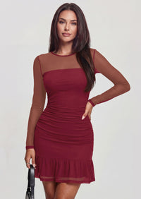 PRETTYGARDEN Women's Mesh Sheer Long Sleeve Ruched Bodycon Mini Dress Fall Cocktail Party Short Dresses with Ruffle Hem