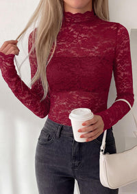 PRETTYGARDEN Womens Lace Long Sleeve Top Mesh Sheer Blouses Mock Neck See Through Slim Fitted Tops Fall Fashion Clothes