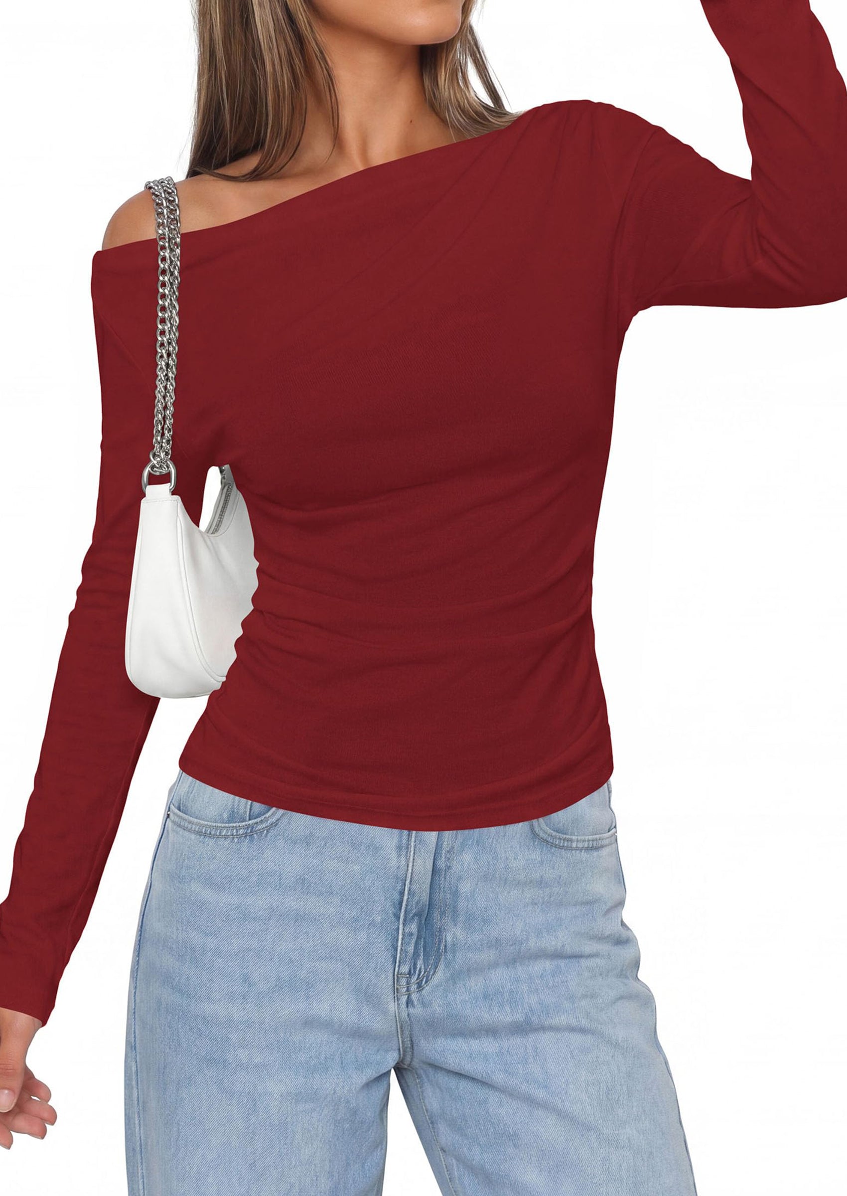 PRETTYGARDEN Off The Shoulder Tops for Women Going Out Long Sleeve Shirts Fall Casual Fitted Ribbed Ruched Y2K Clothes