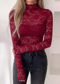 PRETTYGARDEN Womens Lace Long Sleeve Top Mesh Sheer Blouses Mock Neck See Through Slim Fitted Tops Fall Fashion Clothes