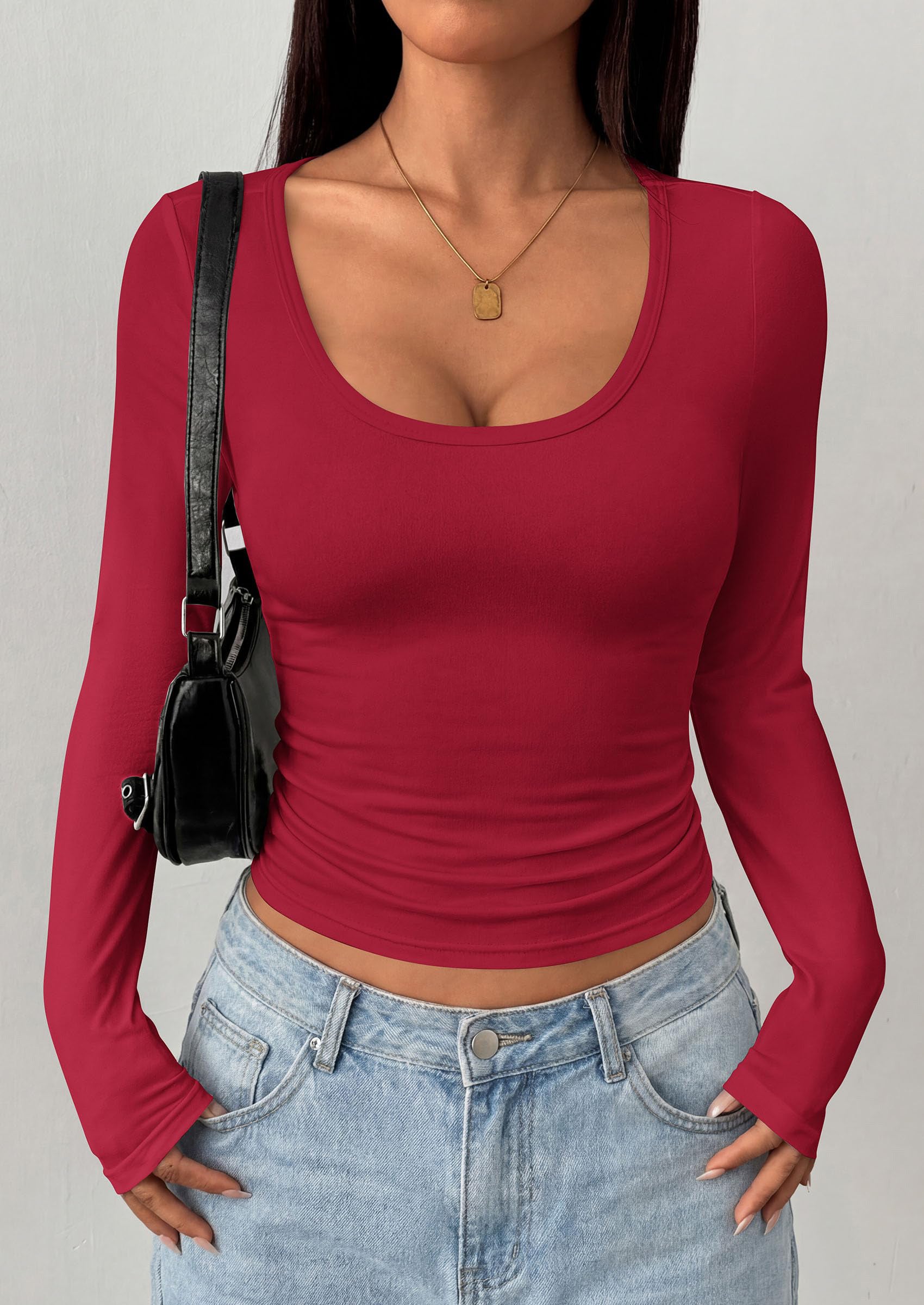 PRETTYGARDEN Womens Long Sleeve Tops Casual Scoop Neck Basic Tees Slim Fitted Tshirts Layer Knit Fall Outfits