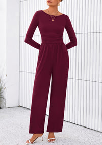 PRETTYGARDEN One Piece Jumpsuits for Women Dressy Casual Long Sleeve Crewneck Wide Leg Romper Overalls Spring Outfits