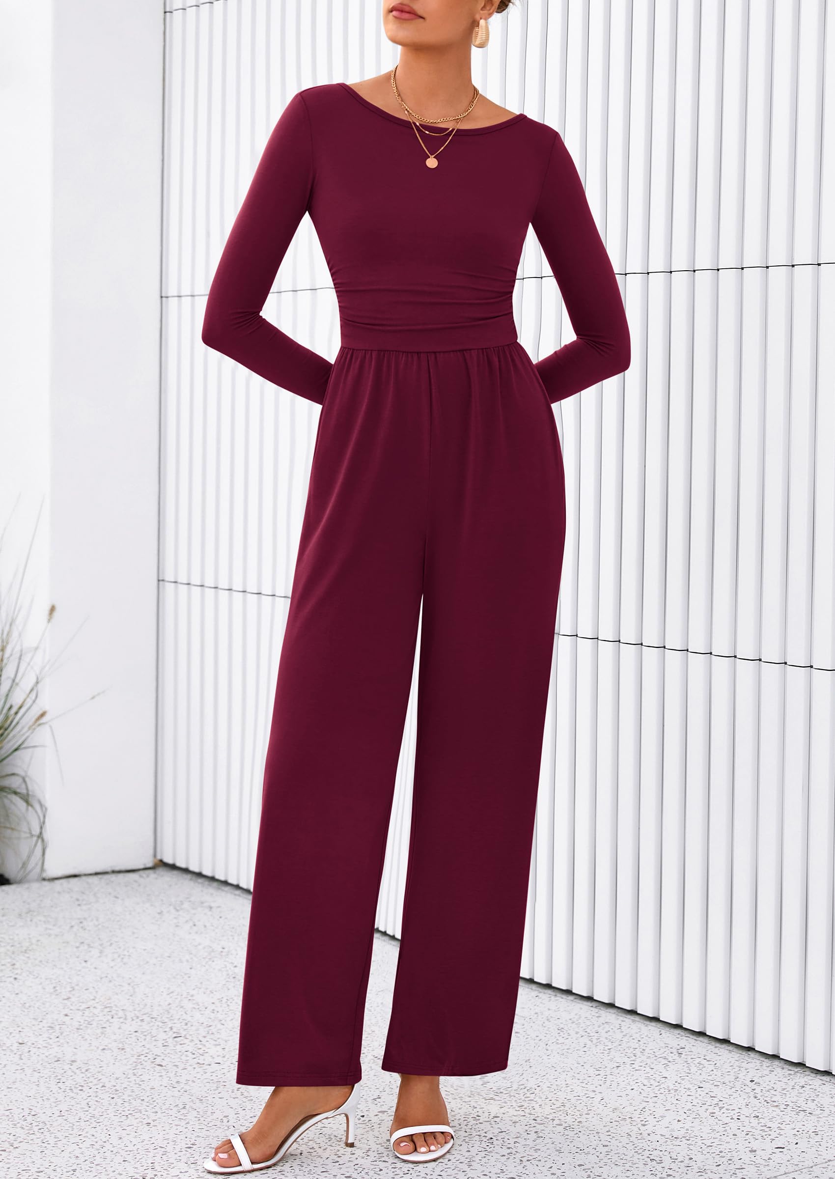 PRETTYGARDEN One Piece Jumpsuits for Women Dressy Casual Long Sleeve Crewneck Wide Leg Romper Overalls Spring Outfits