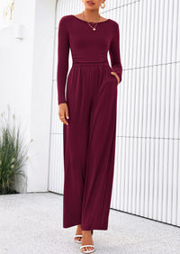 PRETTYGARDEN One Piece Jumpsuits for Women Dressy Casual Long Sleeve Crewneck Wide Leg Romper Overalls Spring Outfits