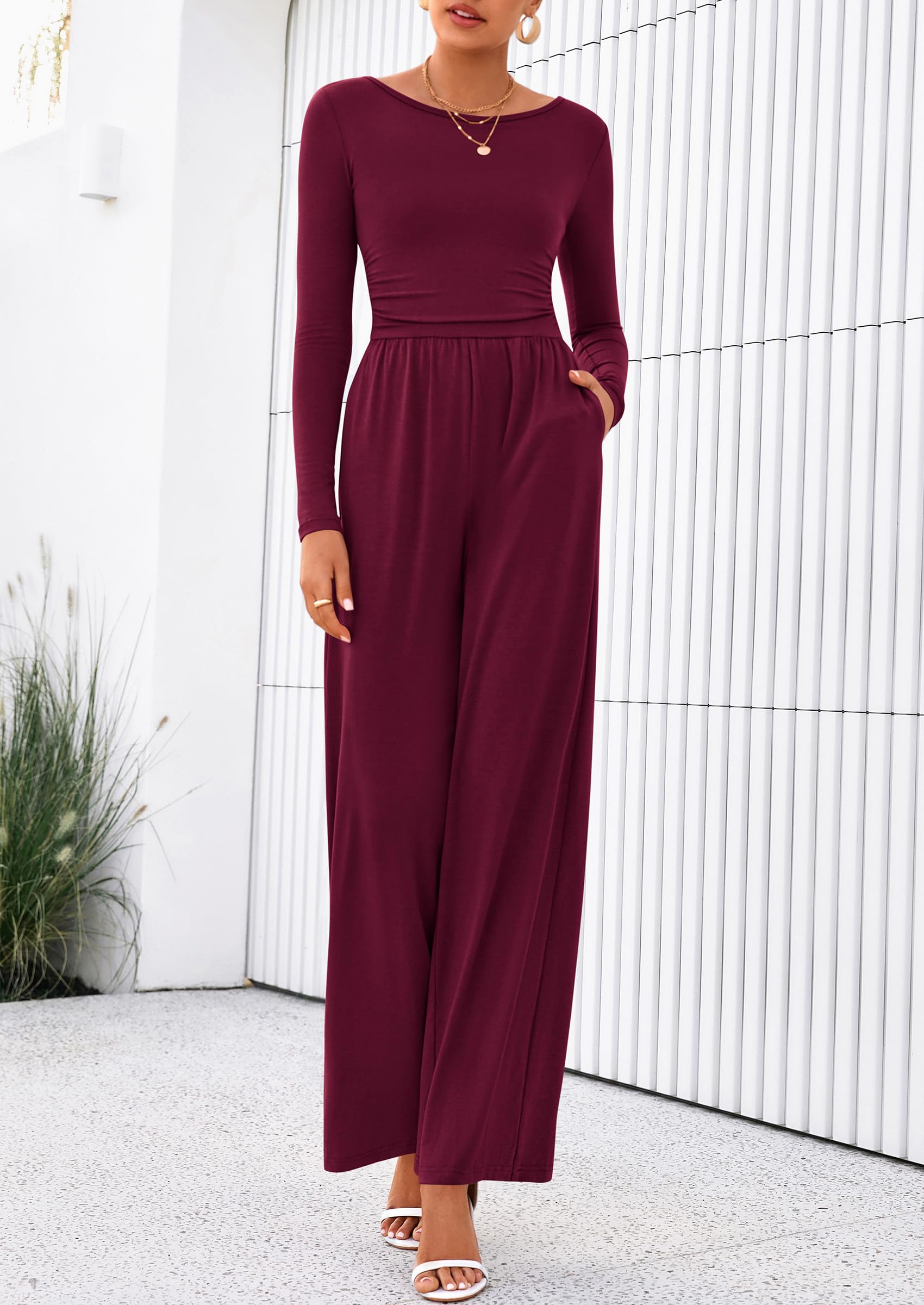 PRETTYGARDEN One Piece Jumpsuits for Women Dressy Casual Long Sleeve Crewneck Wide Leg Romper Overalls Spring Outfits
