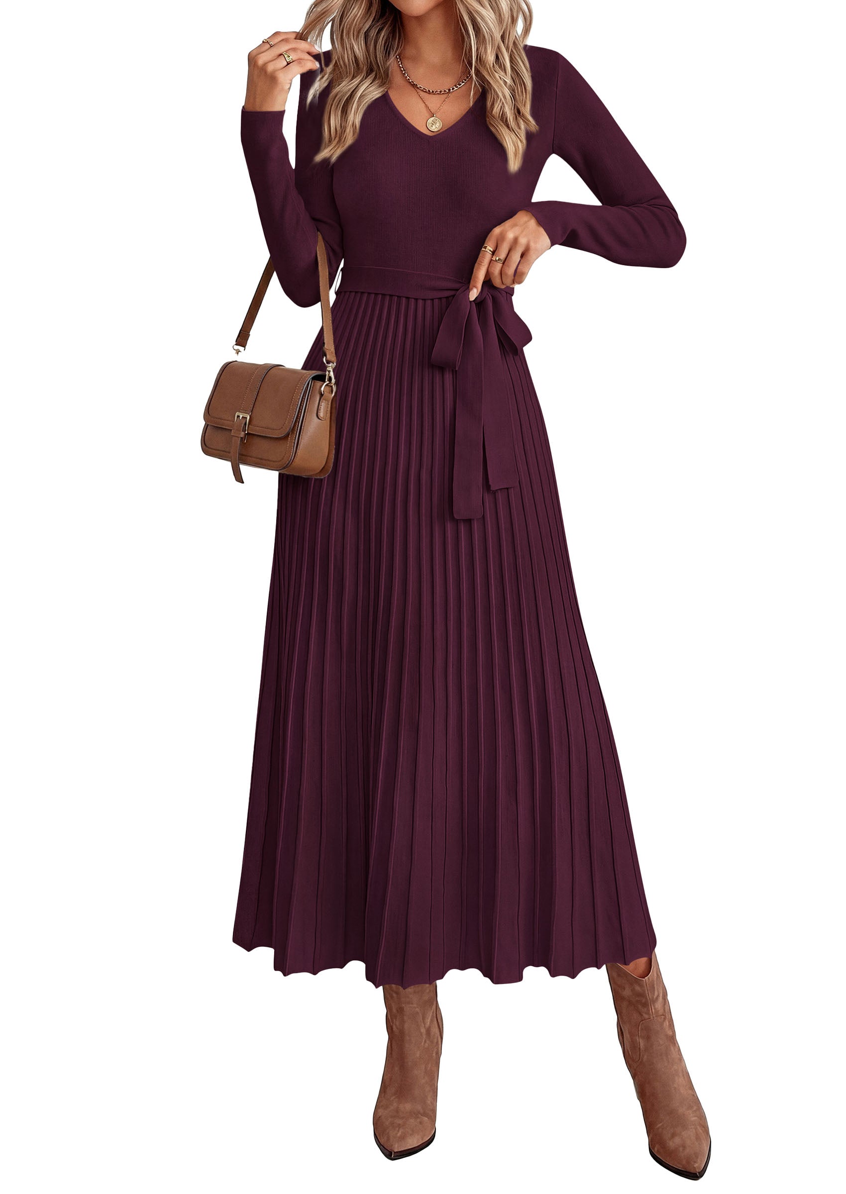 PRETTYGARDEN Womens Fall Maxi Long Sleeve Sweater Dress  Soft Stretchy Knit, V Neck A Line Dresses with Bow, Flowy Pleated Hem, Cocktail Party Outfits, Trendy Winter Clothes