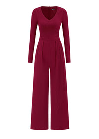 PRETTYGARDEN Womens Fall One Piece Long Sleeve Jumpsuit | Stretchy Ribbed Knit, Fashion Deep V Neck, Wide Leg Romper with Pockets, Work Business Casual Outfits, Trendy Winter Clothes
