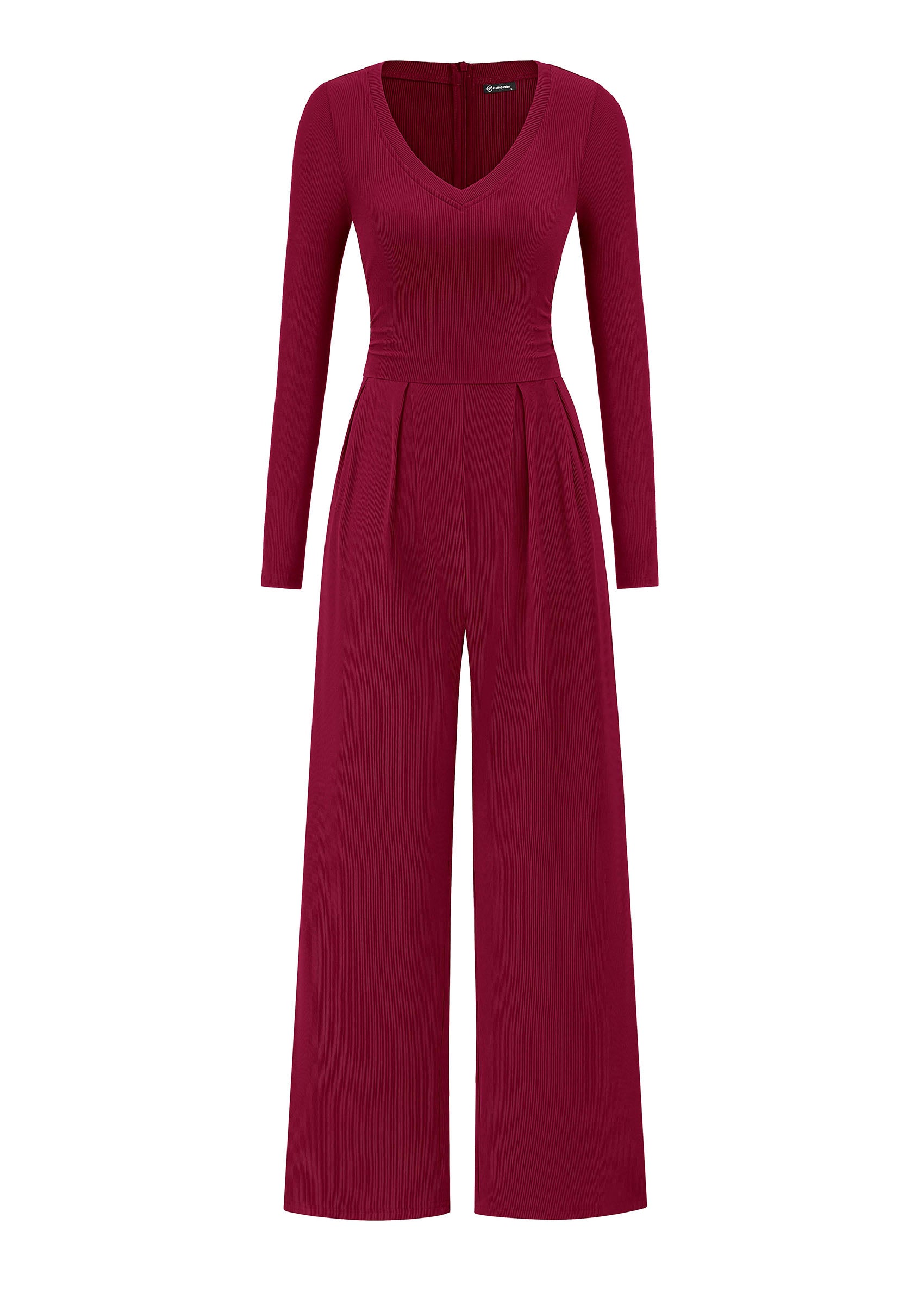 PRETTYGARDEN Womens Fall One Piece Long Sleeve Jumpsuit | Stretchy Ribbed Knit, Fashion Deep V Neck, Wide Leg Romper with Pockets, Work Business Casual Outfits, Trendy Winter Clothes