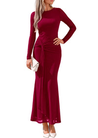 PRETTYGARDEN Women's Long Sleeve Tie Waist Maxi Dresses						  Sexy Mesh Style,Ruched Design,Wedding Guest,Cocktail Party,Night Out,2026 Early Fall Fashion Outfits,Cute Spring Dress