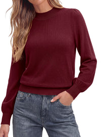 PRETTYGARDEN Womens Fall Mock Neck Long Sleeve Sweater  Soft Stretchy Fabric, V-Shape Knit Pattern, Chic Puff Sleeves, Ribbed Trim Pullover Sweaters, Casual Work Office Outfits