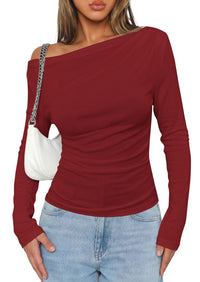 PRETTYGARDEN Off The Shoulder Tops for Women Going Out Long Sleeve Shirts 2026 Fall Casual Fitted Ribbed Ruched Y2K Clothes