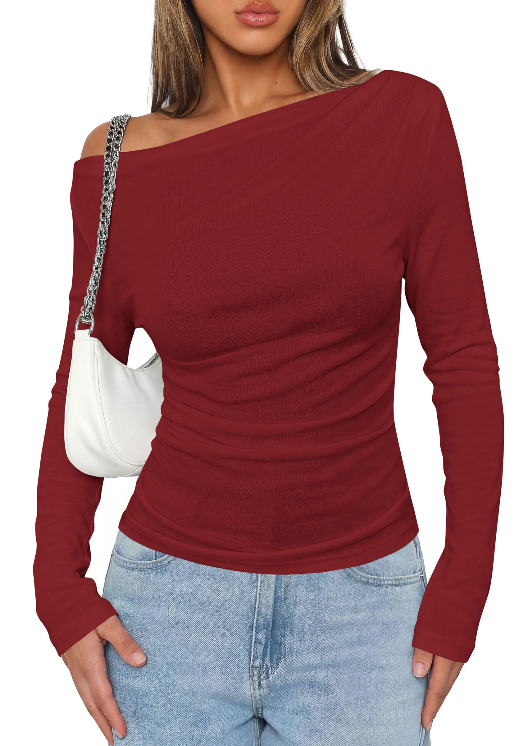 PRETTYGARDEN Off The Shoulder Tops for Women Going Out Long Sleeve Shirts 2026 Fall Casual Fitted Ribbed Ruched Y2K Clothes