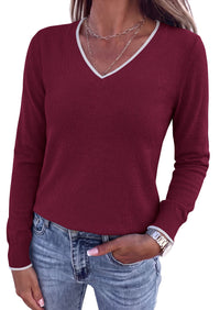 PRETTYGARDEN Women's V Neck Sweater Long Sleeve Knit Tops | Contrast Trim, Cozy Lightweight Pullover, Loose Basic Soft, Business Casual, Holiday Vacation Outfits, Fall Winter Clothes